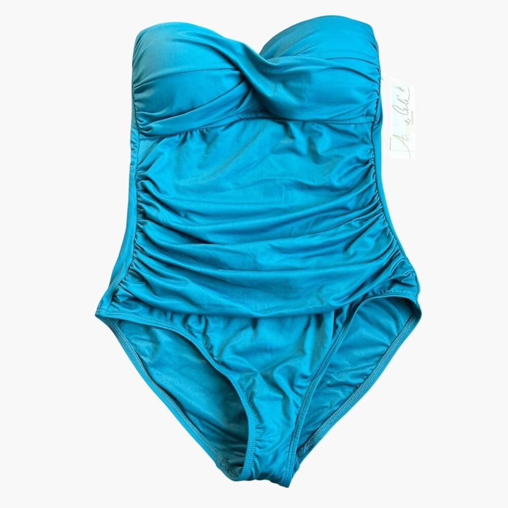 Anne Cole Strapless Bandeau Ruched One Piece Swimsuit Size 6 Blue NWT